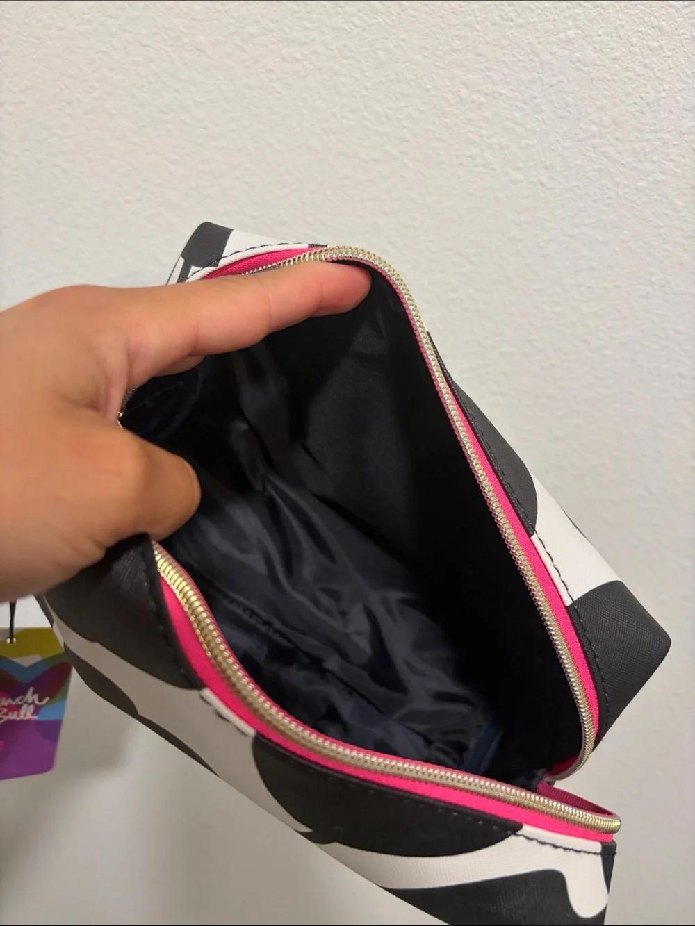 Black & White Floral Cosmetic Pouch with Pink Zip